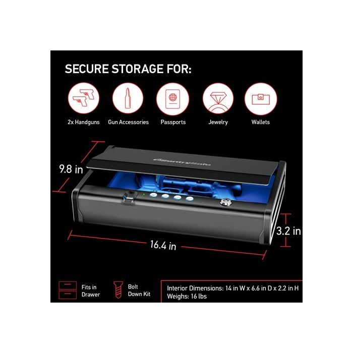 XL Quick Access Biometric Pistol Safe with Lights QAP2BLX