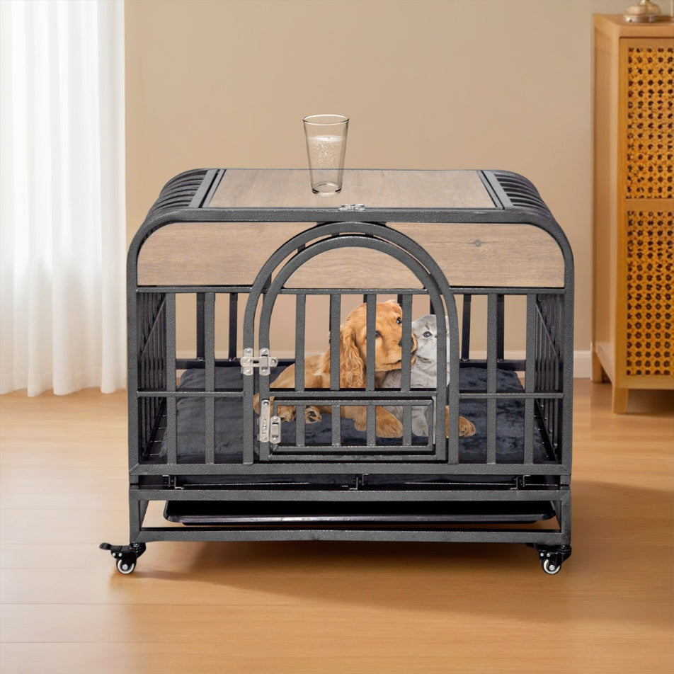 46in Heavy Duty Dog Crate, Furniture Style Dog Crate With Removable Trays And Wheels For High Anxiety Dogs