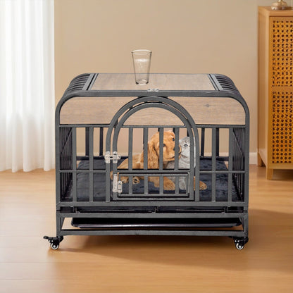 46in Heavy Duty Dog Crate, Furniture Style Dog Crate With Removable Trays And Wheels For High Anxiety Dogs
